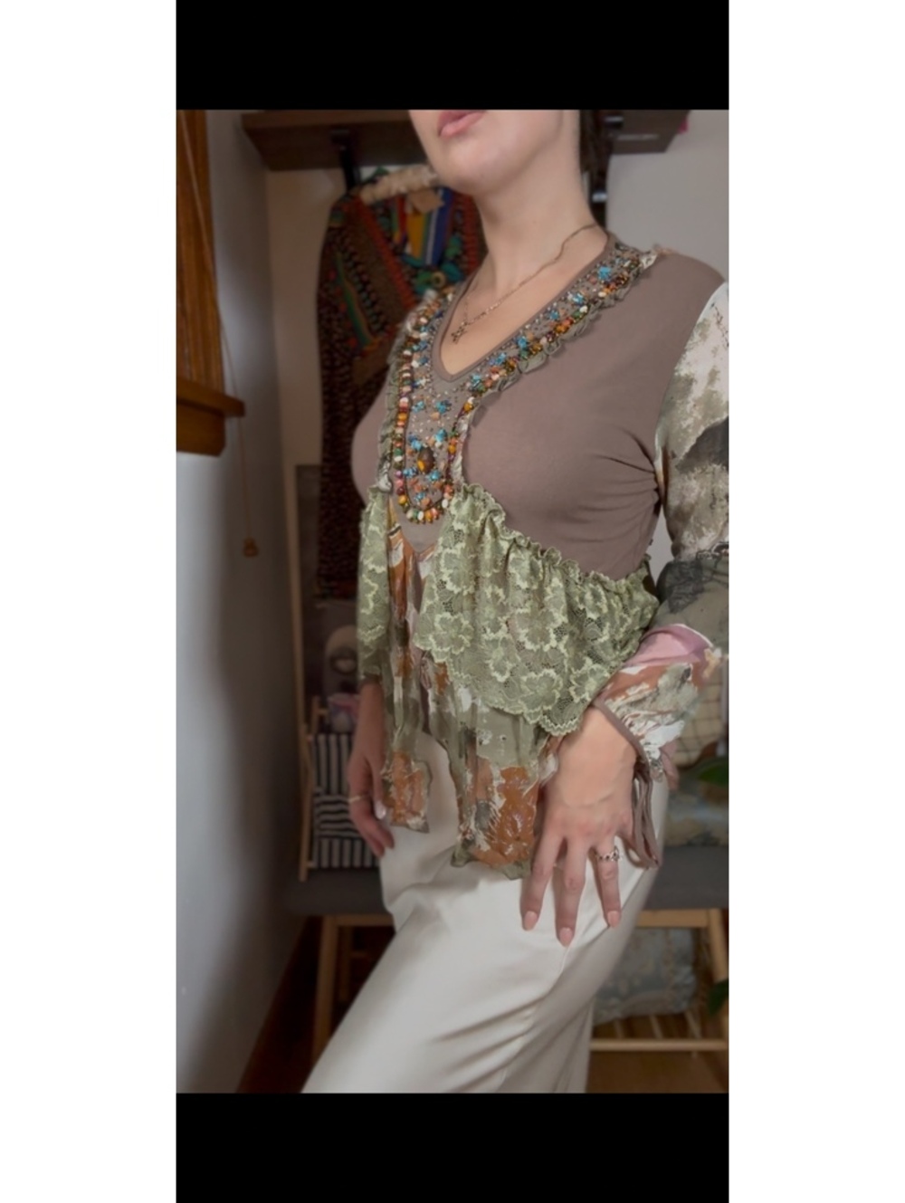 Vintage Boho Mixed Fabric Blouse with Beaded Neckline and Lace Detail size M-L
